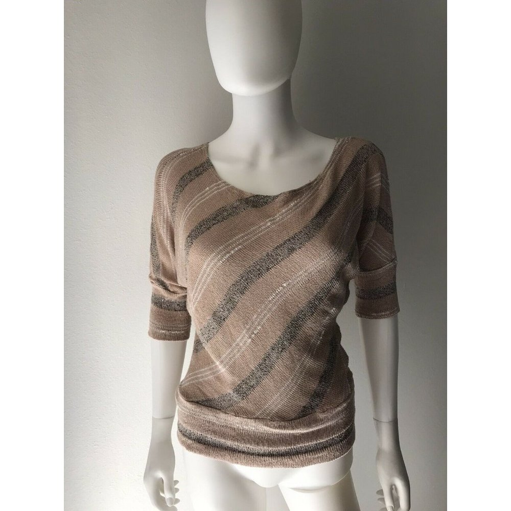 Teenbell Women's Top Blouse 3/4 Dolman Sleeve Striped Round Neck Beige Size M